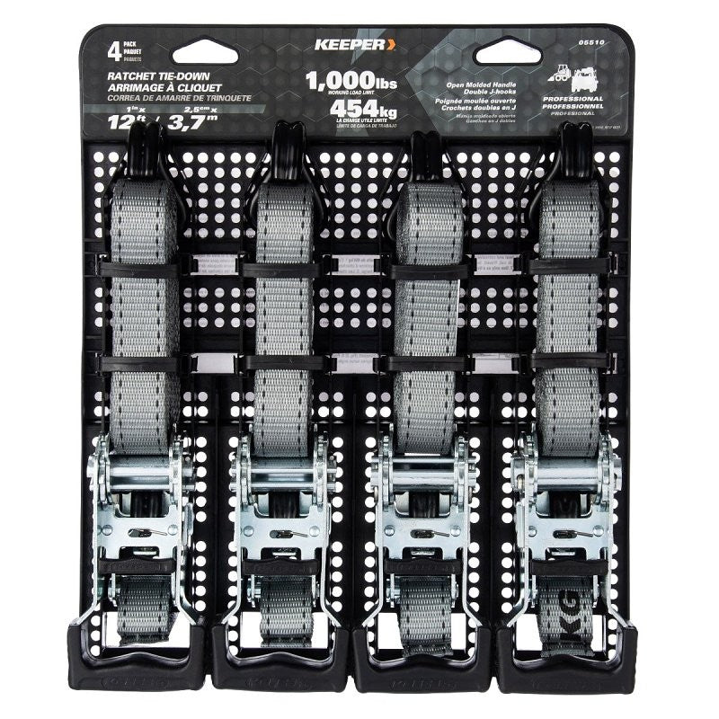 Keeper 05510 Tie-Down Strap, 1 in W, 12 ft L, 1000 lb Working Load, J-Hook End