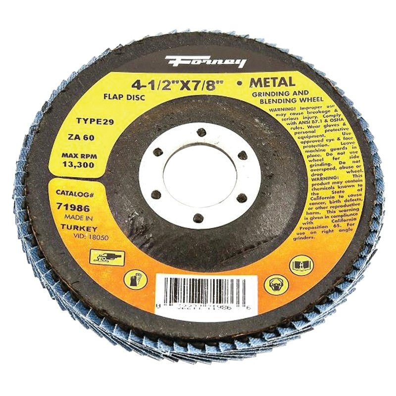 Forney 71986 Flap Disc, 4-1/2 in Dia, 7/8 in Arbor, 60 Grit, Medium, Zirconia Aluminum Abrasive, Fiberglass Backing