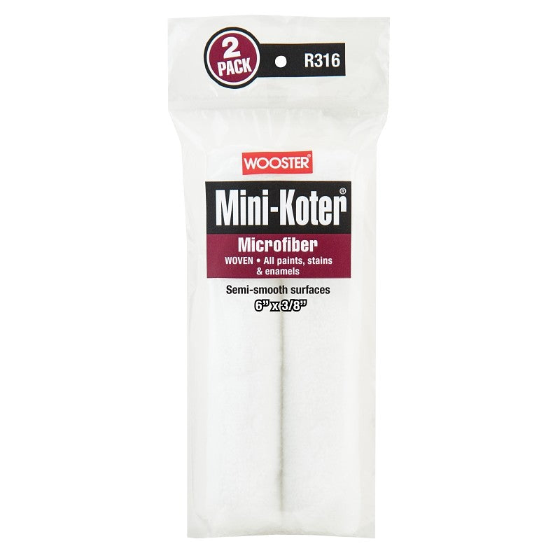Wooster R316-6 Mini Roller Cover, 3/8 in Thick Nap, 6 in L, Microfiber Cover, 2/PK