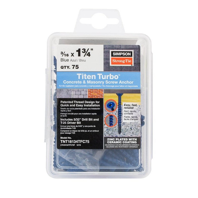 Simpson Strong-Tie Titen Turbo TNT18134TFC75 Screw Anchor, 3/16 in Dia, 1-3/4 in L, Carbon Steel, Flat Head, 75/PK