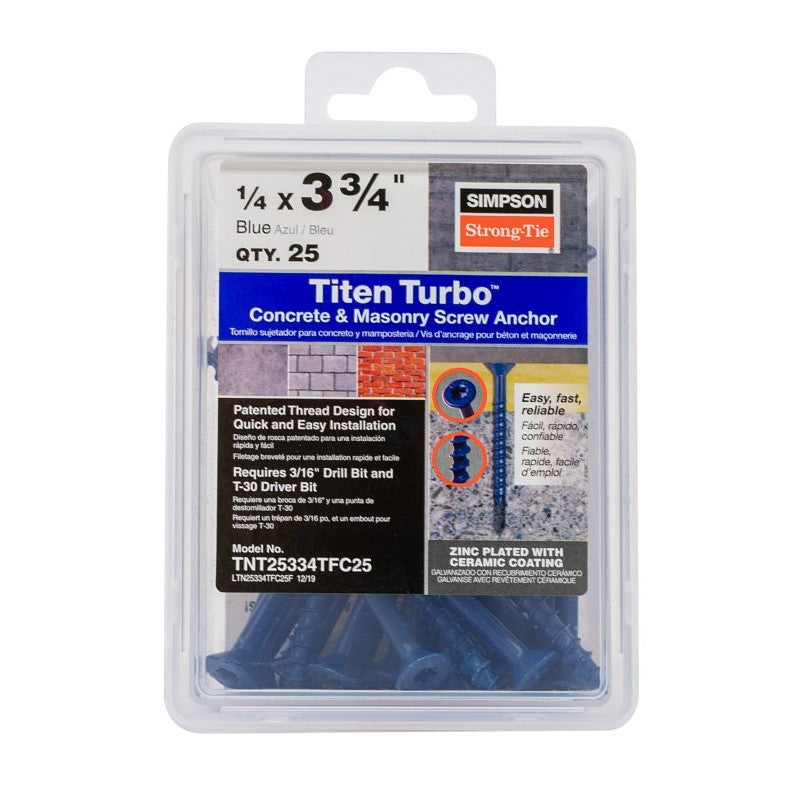 Simpson Strong-Tie Titen Turbo TNT25334TFC25 Screw Anchor, 1/4 in Dia, 3-3/4 in L, Carbon Steel, Ceramic-Coated/Zinc