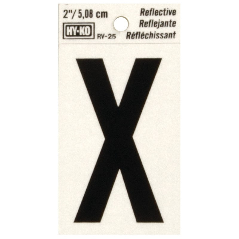 Hy-Ko RV-25/X Reflective Letter, 1-1/2 in W x 3 in H Dimensions, Character: X, 2 in H Character, Black Character, Vinyl (Pack of 10)