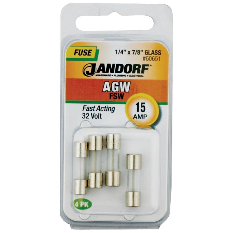 Jandorf 60651 Fast Acting Fuse, 15 A, 32 V, 10 kA Interrupt, Glass Body