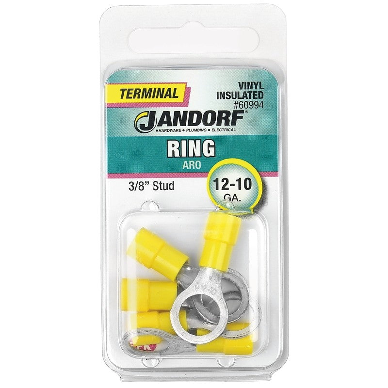Jandorf 60994 Ring Terminal, 12 to 10 AWG Wire, 3/8 in Stud, Vinyl Insulation, Copper Contact, Yellow