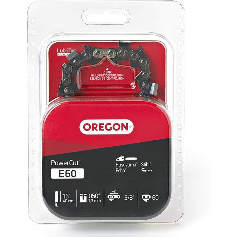Oregon PowerCut E60 Chainsaw Chain, 16 in L Bar, 0.05 Gauge, 3/8 in TPI/Pitch, 60-Link