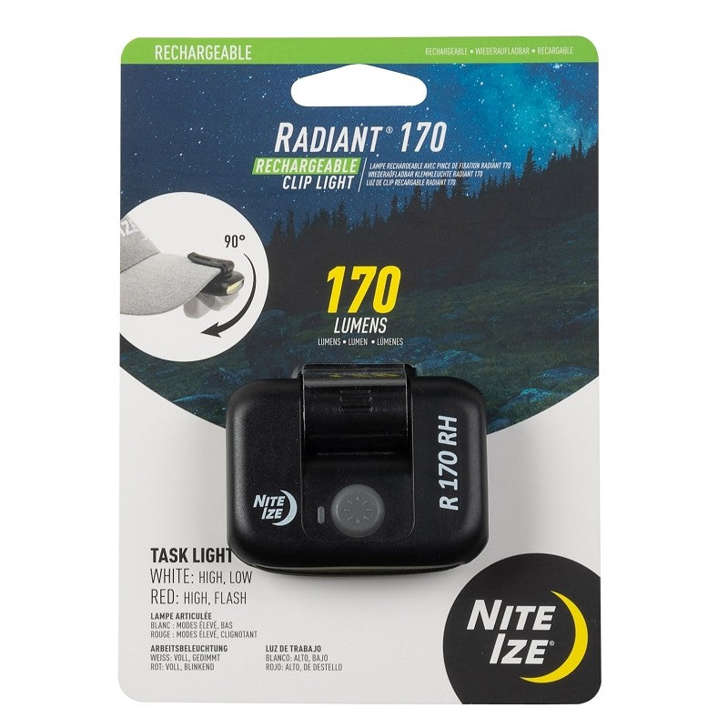 Nite Ize Radiant Series R170RC-01-R7 Cliplight, Rechargeable, 170 Lumens Lumens, 2 hr Run Time, Black