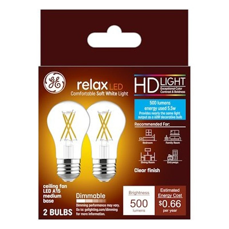 GE Relax Series 46662 Ceiling Fan Light Bulb, High-Definition, A15 Lamp, 60 W Equivalent, Medium Lamp Base, Yes, Clear