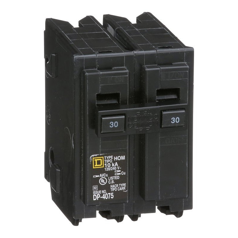 Square D Homeline HOM230CP Circuit Breaker, Mini, 30 A, 2 -Pole, 120/240 V, Fixed Trip, Plug Mounting, Black