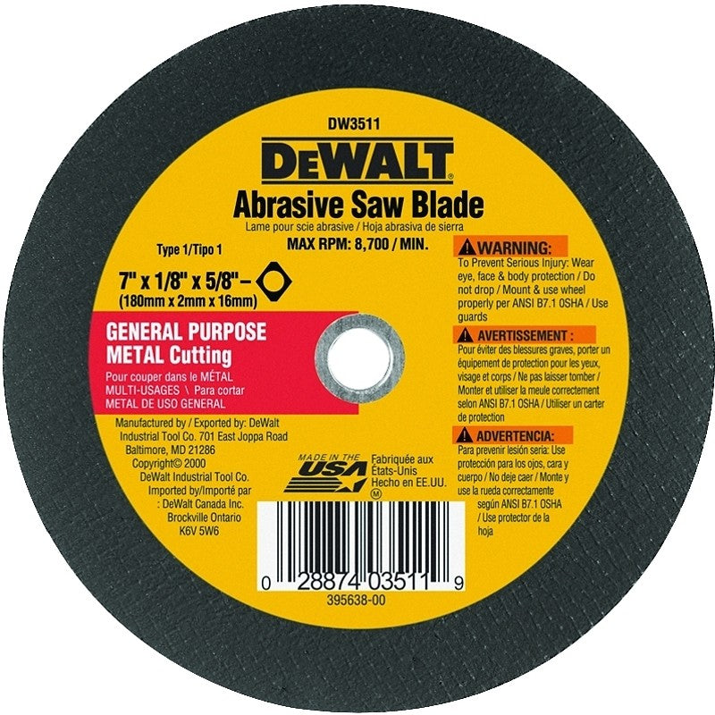 DEWALT HIGH PERFORMANCE Series DW3511 Abrasive Saw Blade, 7 in Dia, 5/8 in Arbor (Pack of 25)