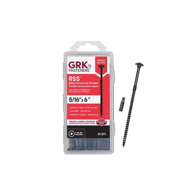 GRK Fasteners RSS Series 95612 Structural Screw, 6 in L, Coarse Thread, Washer Head, Torx Drive, Steel, Zinc-Plated, 25