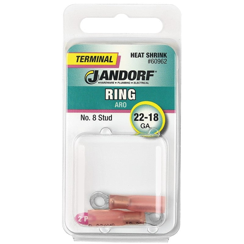 Jandorf 60962 Ring Terminal, 22 to 18 AWG Wire, #8 Stud, Copper Contact, Pink