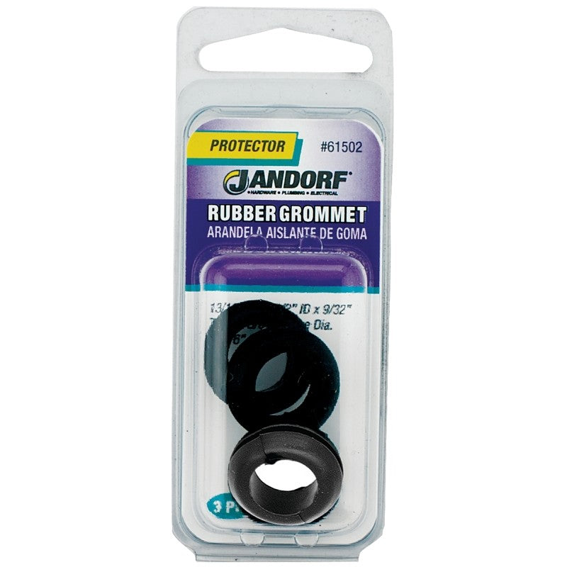 Jandorf 61502 Grommet, 1/2 in ID, 13/16 in OD, Rubber, Black, 9/32 in Thick Panel