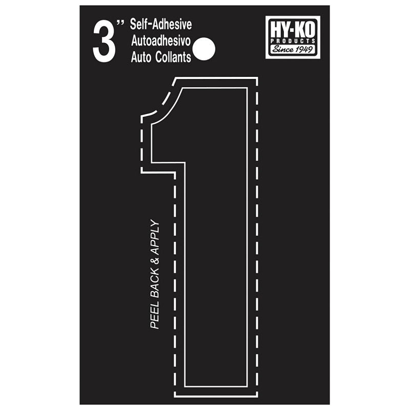Hy-Ko 30400 Series 30401 Die-Cut Number, Character: 1, 3 in H Character, Black Character, Vinyl (Pack of 10)