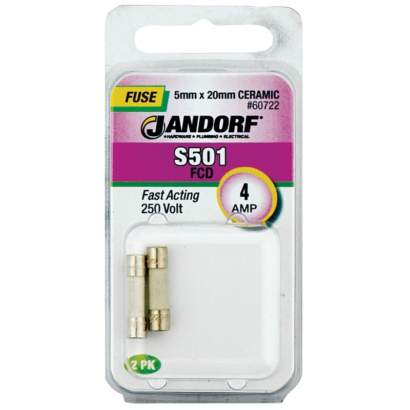 Jandorf 60722 Fast Acting Fuse, 0.02 Ohm, 4 A, 250 V, 1500 A Interrupt, Ceramic Body, 5 mm Dia
