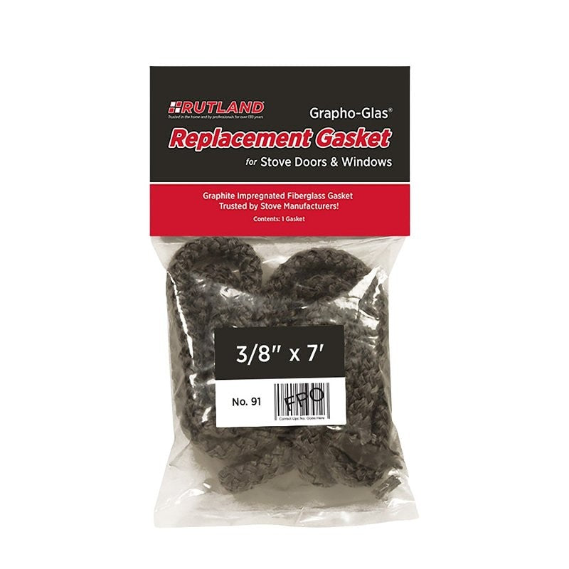 Rutland Grapho-Glas 91 Replacement Stove Gasket, 84 in L, 3/8 in W, Fiberglass