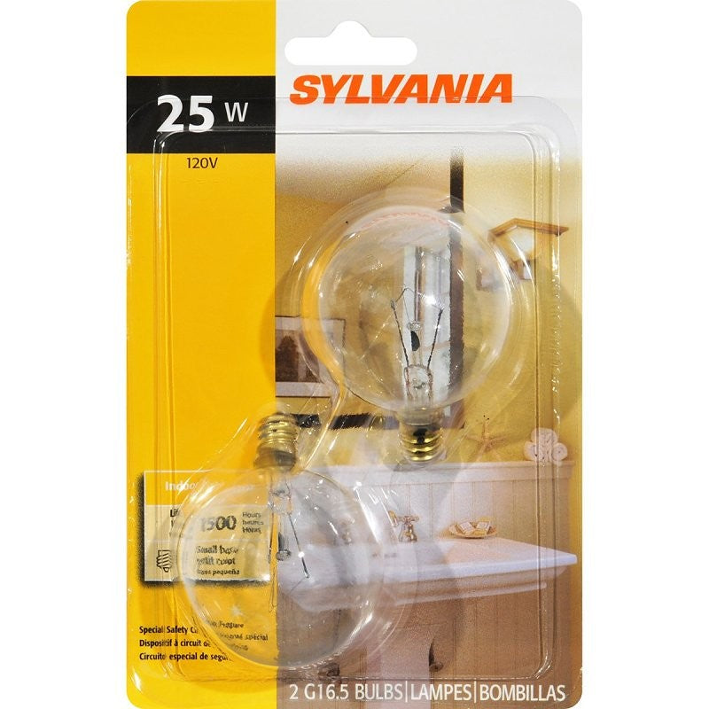 Sylvania 13625 Incandescent Lamp, 25 W, G16.5 Lamp, Candelabra Lamp Base, 180 Lumens, 2850 K Color Temp (Pack of 6)