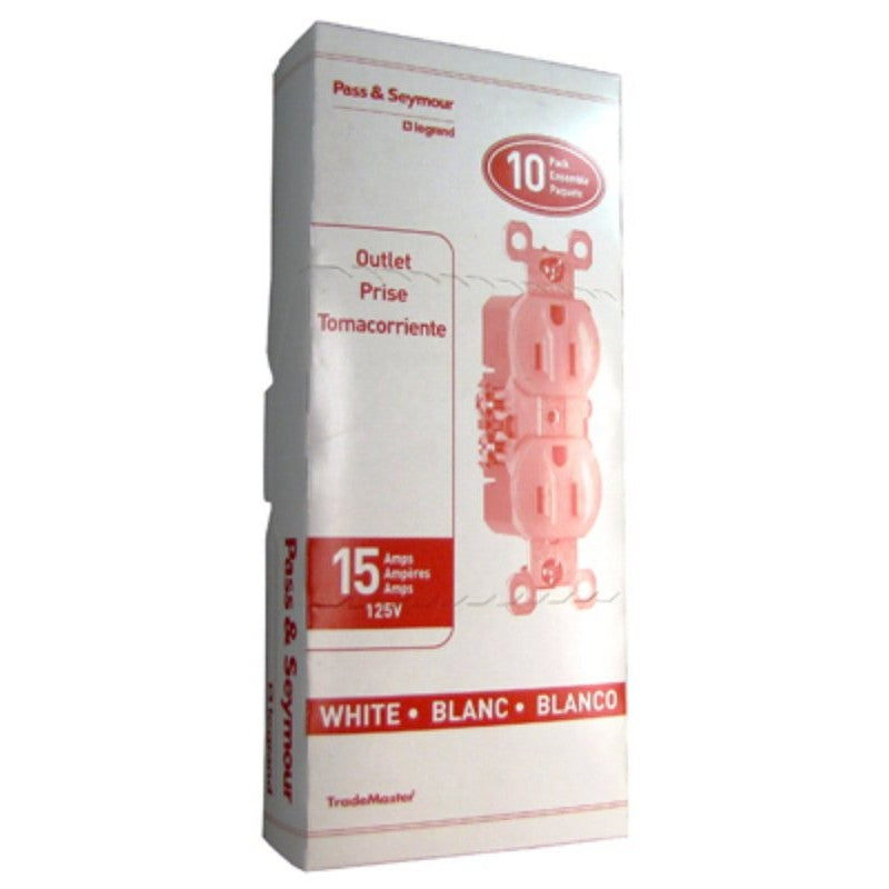 Pass & Seymour TradeMaster Series 3232WCP8 Duplex Receptacle, Nylon/Thermoplastic, White, 2-Pole, 15 A, 125 V