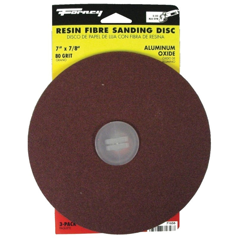 Forney 71656 Sanding Disc, 7 in Dia, 7/8 in Arbor, Coated, 80 Grit, Medium, Aluminum Oxide Abrasive