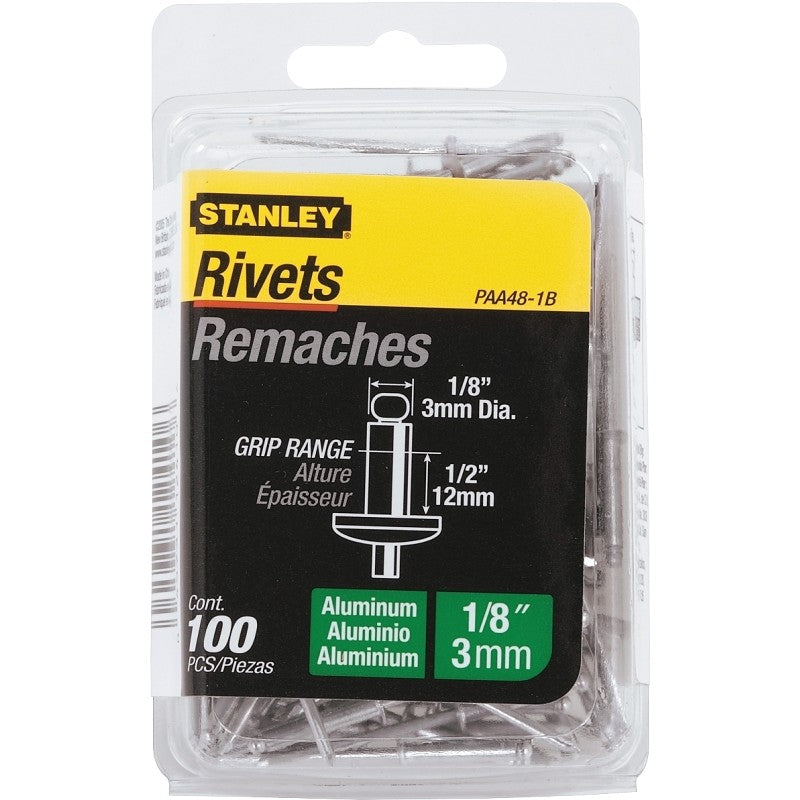 STANLEY PAA48-1B Pop Rivet, Reusable, 1/2 in Grip, 1/8, 1-3/4 in L, Aluminum, 100/PK