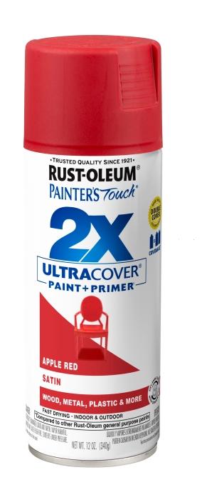 Rust-Oleum Painter's Touch 2X Ultra Cover 334094 Spray Paint, Satin, Apple Red, 12 oz, Aerosol Can