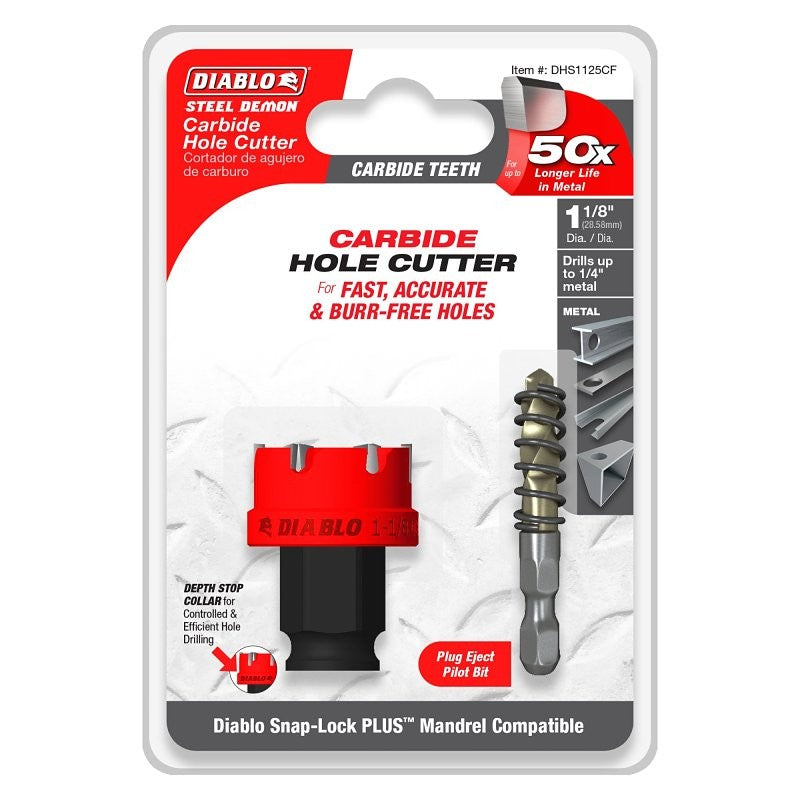Diablo Steel Demon DHS1125CF Hole Cutter, 1-1/8 in Dia, Carbide Cutting Edge