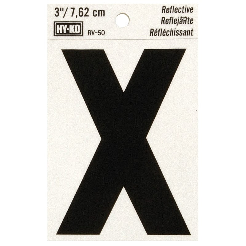 Hy-Ko RV-50/X Reflective Letter, Character: X, 3 in H Character, Black Character, Silver Background, Vinyl (Pack of 10)