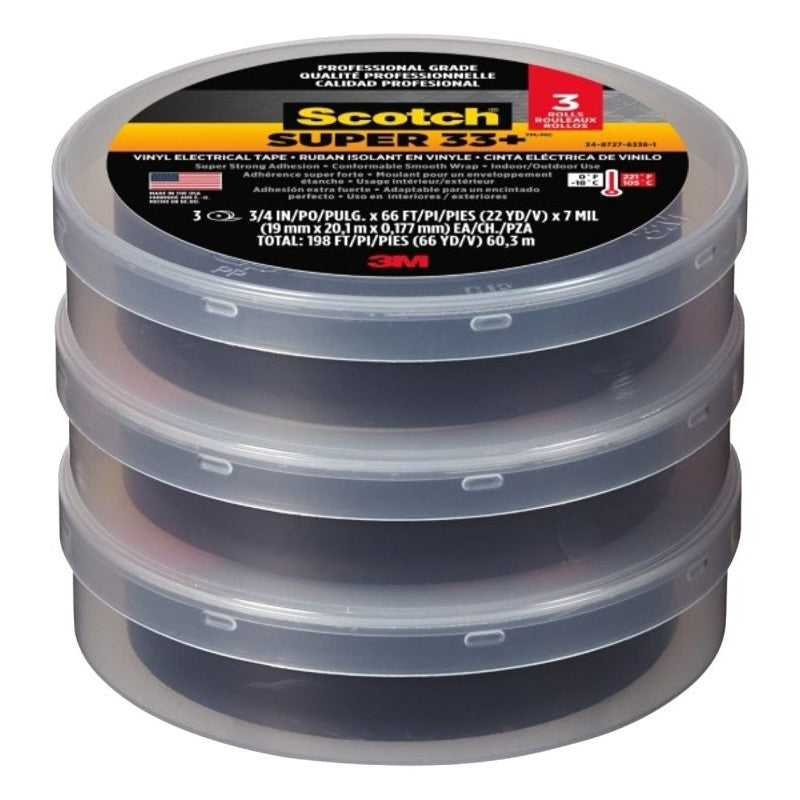Scotch 6132-BA-3PK-6 Electrical Tape, 66 ft L, 3/4 in W, Vinyl Backing, Black, 3/PK