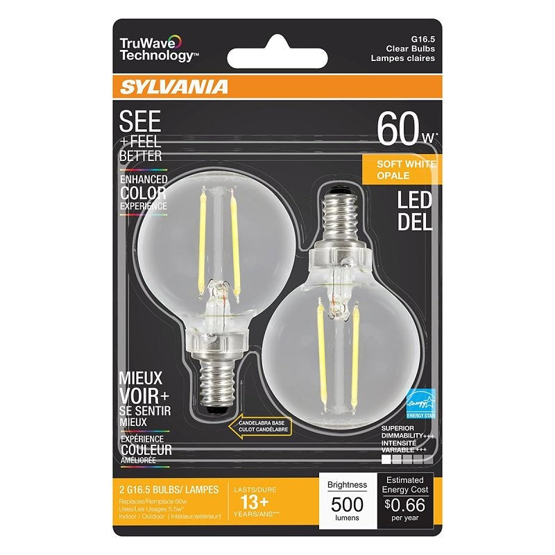 Sylvania 40852 LED Bulb, Decorative, G16.5 Lamp, 60 W Equivalent, E12 Lamp Base, Dimmable, Clear, Soft White Light