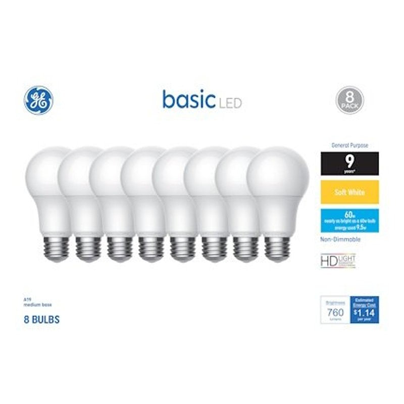 GE Basic Series 46778 Light Bulb, General-Purpose, A19 Lamp, 60 W Equivalent, E26 Medium Lamp Base, Frosted, Soft White