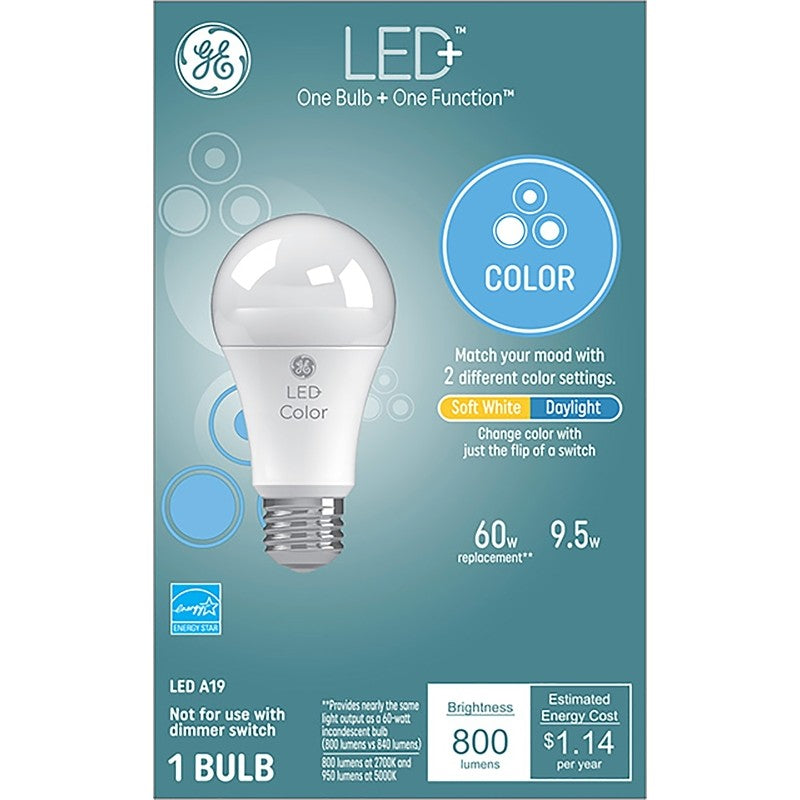 GE 93100289 LED Bulb, General Purpose, A19 Lamp, 60 W Equivalent, E26 Lamp Base, Frosted, Daylight/Soft White Light