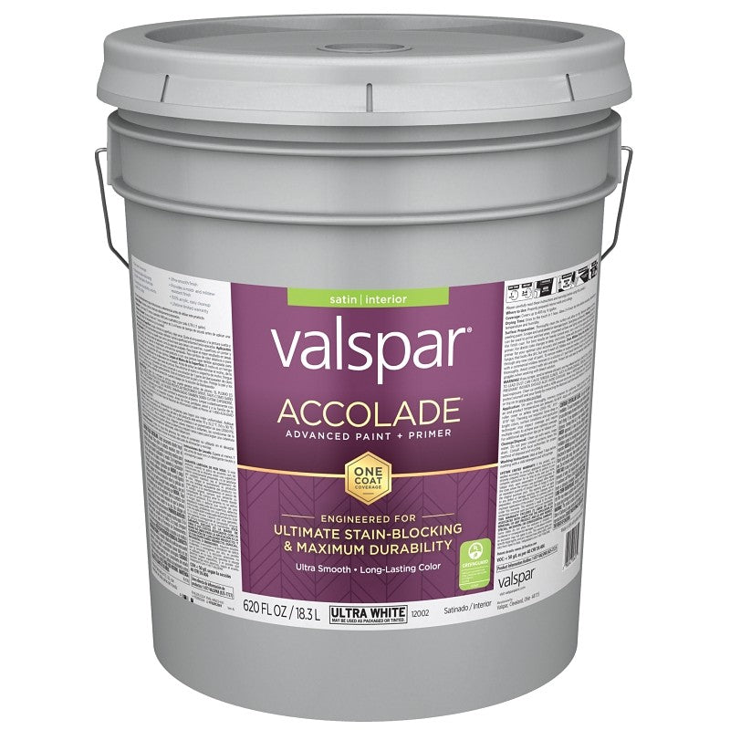 Valspar Accolade 1200 028.0012002.008 Latex Paint, Acrylic Base, Satin, Ultra White, 5 gal, Plastic Pail