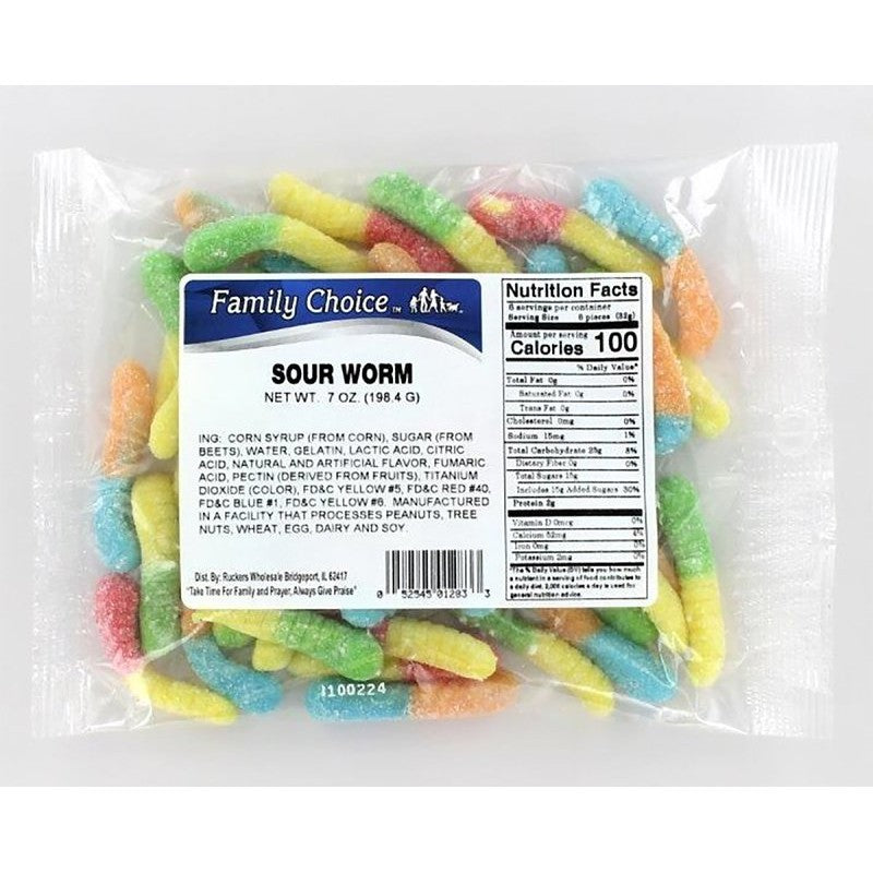 Family Choice 1283 Sour Worm Candy, 7.5 oz (Pack of 12)
