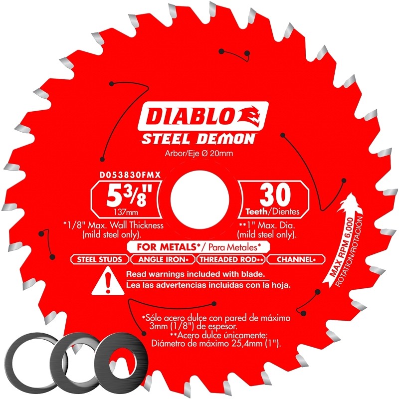 Diablo D053830FMX Saw Blade, 5-3/8 in Dia, 20 mm Arbor, 30-Teeth, Carbide Cutting Edge