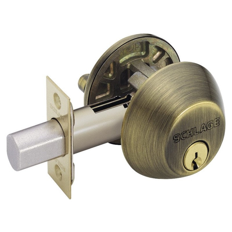Schlage B60609 Deadbolt, 1 Grade, SC1 Key, Metal, Antique Brass, 2-3/8, 2-3/4 in Backset, C Keyway (Pack of 4)