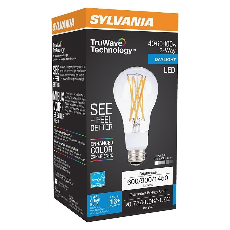 Sylvania 40770 Natural LED Bulb, 3-Way, A21 Lamp, 100 W Equivalent, E26 Lamp Base, Dimmable, Clear, Daylight Light