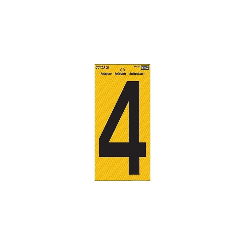 Hy-Ko RV-75/4 Reflective Sign, Character: 4, 5 in H Character, Black Character, Yellow Background, Vinyl (Pack of 10)