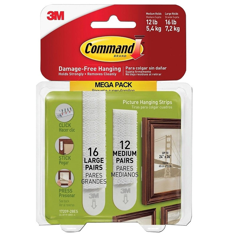 Command 17209-28ES Medium and Large Picture Hanging Strip, 12, 16 lb, Plastic, White