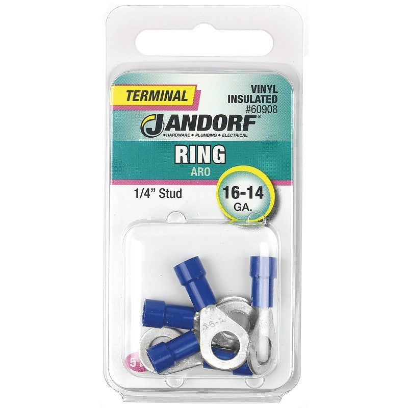 Jandorf 60908 Ring Terminal, 16 to 14 AWG Wire, 1/4 in Stud, Vinyl Insulation, Copper Contact, Blue