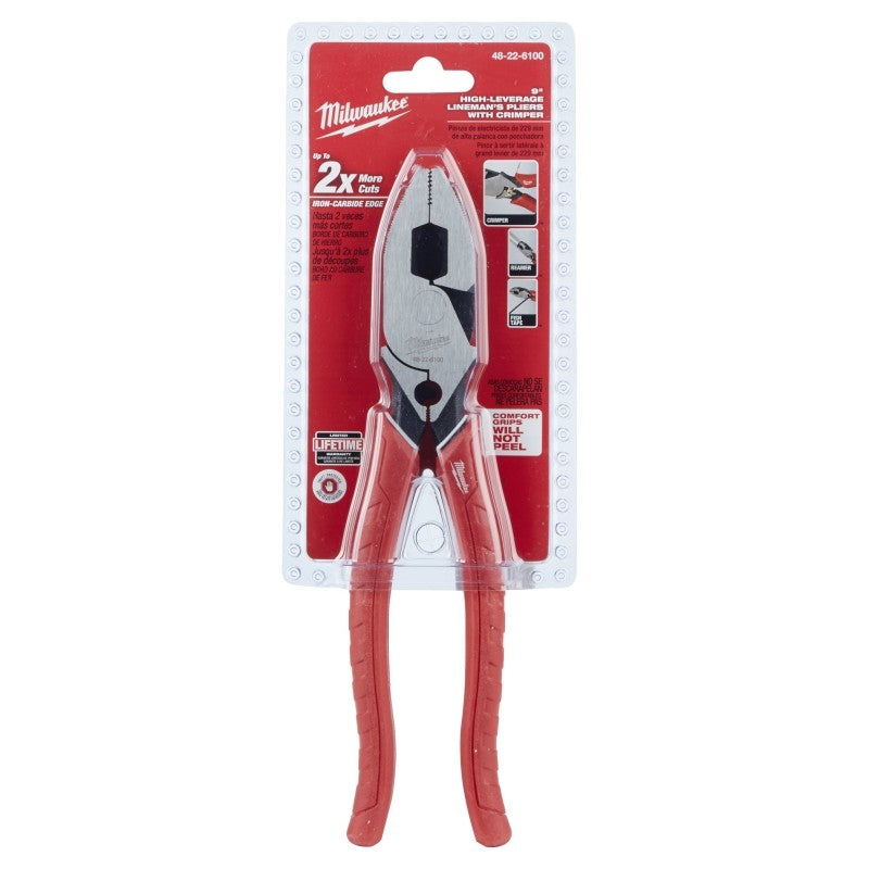 Milwaukee 48-22-6100 Lineman's Plier with Crimper, 9 in OAL, 1.77 in Cutting Capacity, Red Handle, Comfort-Grip Handle