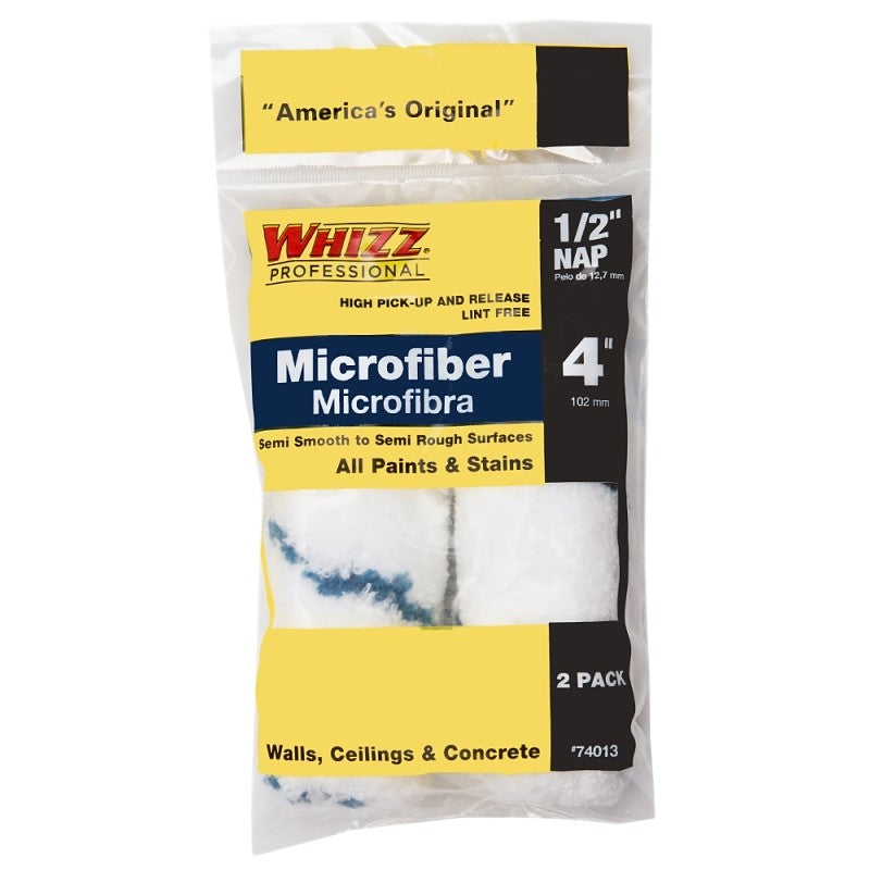 Whizz 74013 Mini Roller Cover, 1/2 in Thick Nap, 4 in L, Microfiber Cover, 2/PK