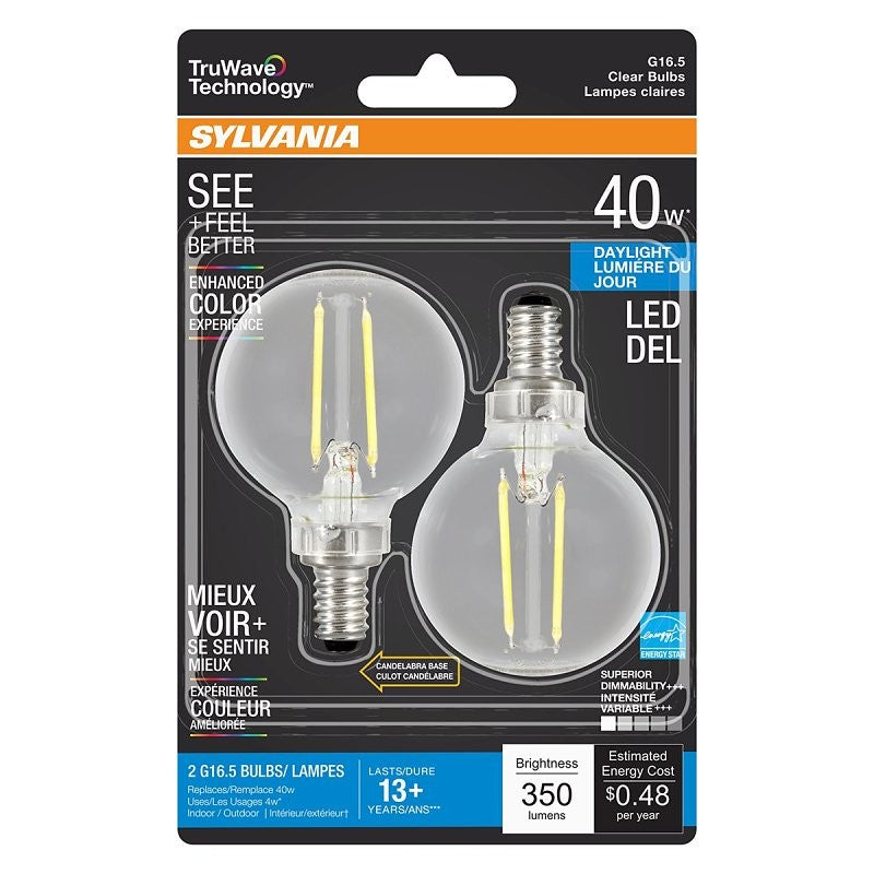 Sylvania 40849 Natural LED Bulb, Decorative, G16.5 Lamp, 40 W Equivalent, E12 Lamp Base, Dimmable, Clear, Daylight Light