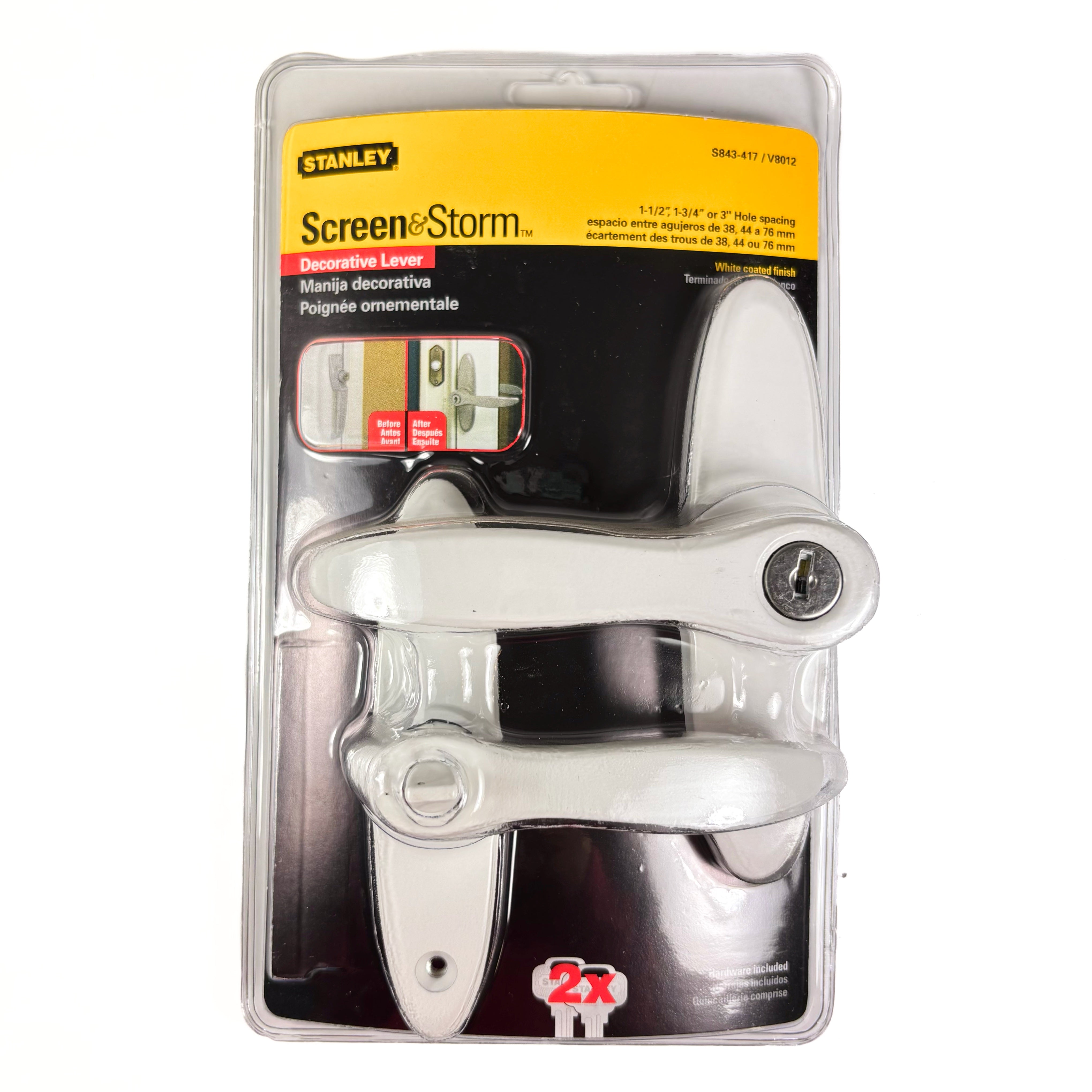 Decorative Key Operated Storm Door Lever 1-1/2, 2 Or 3 Inch Centers White (POS)