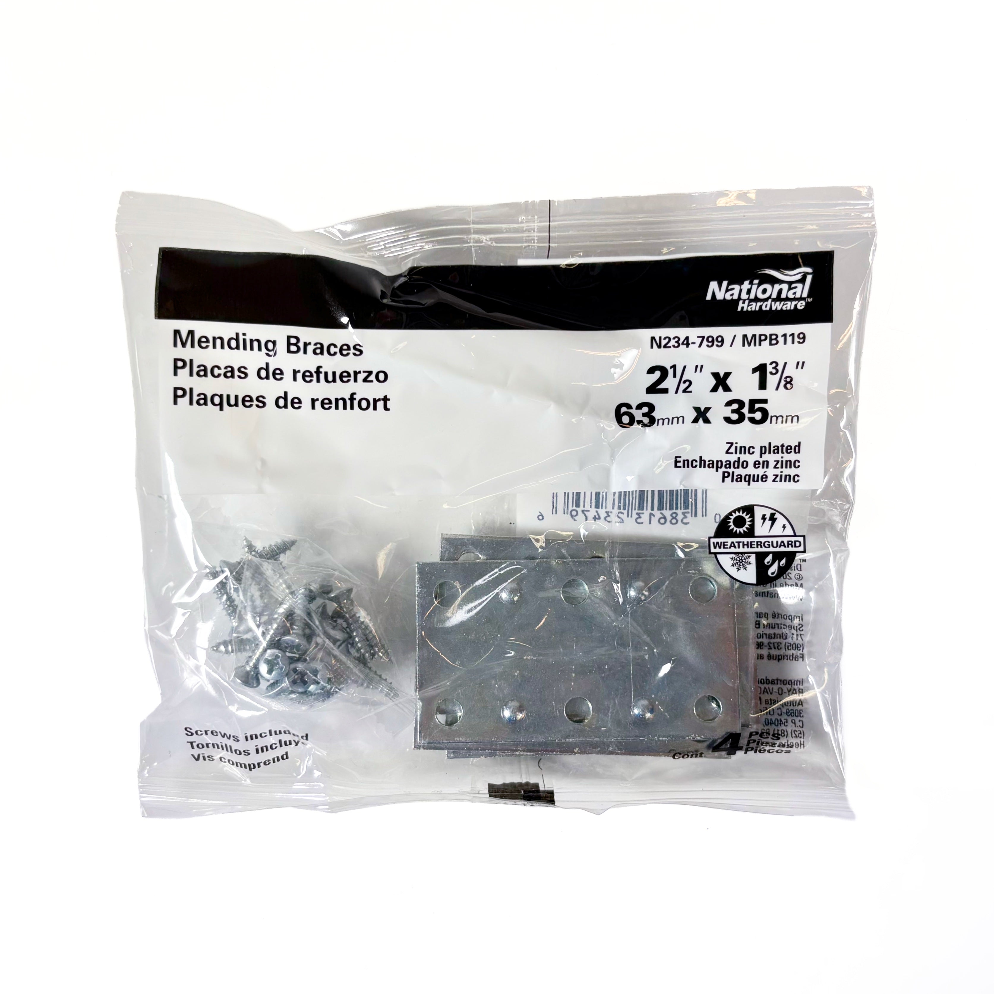 Wide Mending Plate Brace 2-1/2 By 1-3/8 By 0.07 Inch Zinc Plated Steel 4 Pack