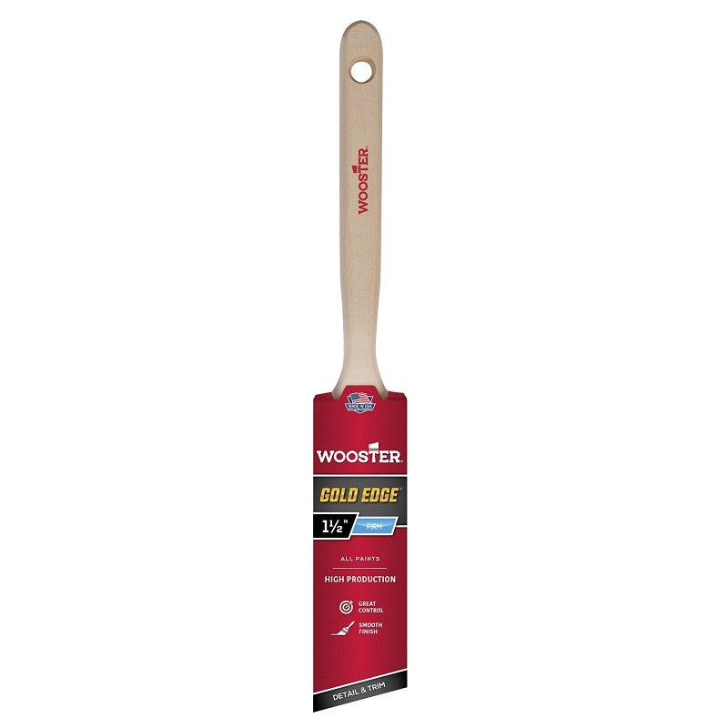 Wooster 5231-1-1/2 Paint Brush, Gold Bristle/White, Beech Hardwood Handle, 1-1/2 in W, 2-7/16 in L Bristle, Sash Handle