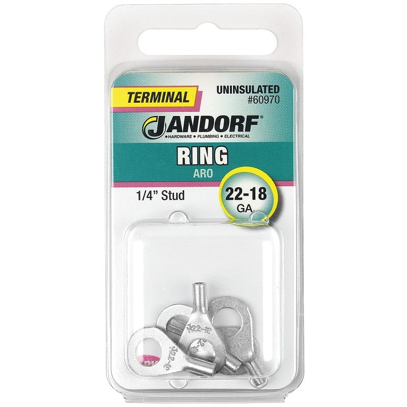 Jandorf 60970 Ring Terminal, 22 to 18 AWG Wire, 1/4 in Stud, Copper Contact