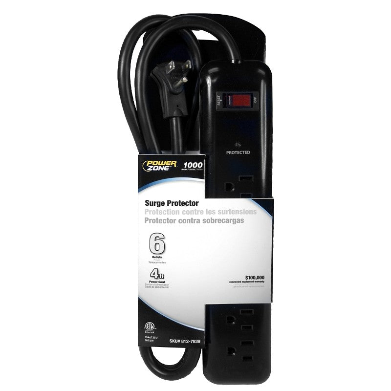 PowerZone OR802225 Surge Protector Tap Strip, 125 V, 15 A, 6-Outlet, 1000 Joules Energy, Black