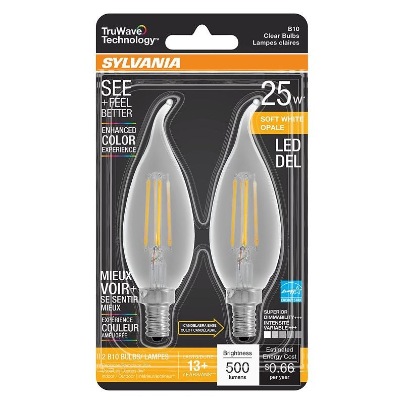 Sylvania 40854 Natural LED Bulb, Decorative, B10 Bent Tip Lamp, 25 W Equivalent, E12 Lamp Base, Dimmable, Clear