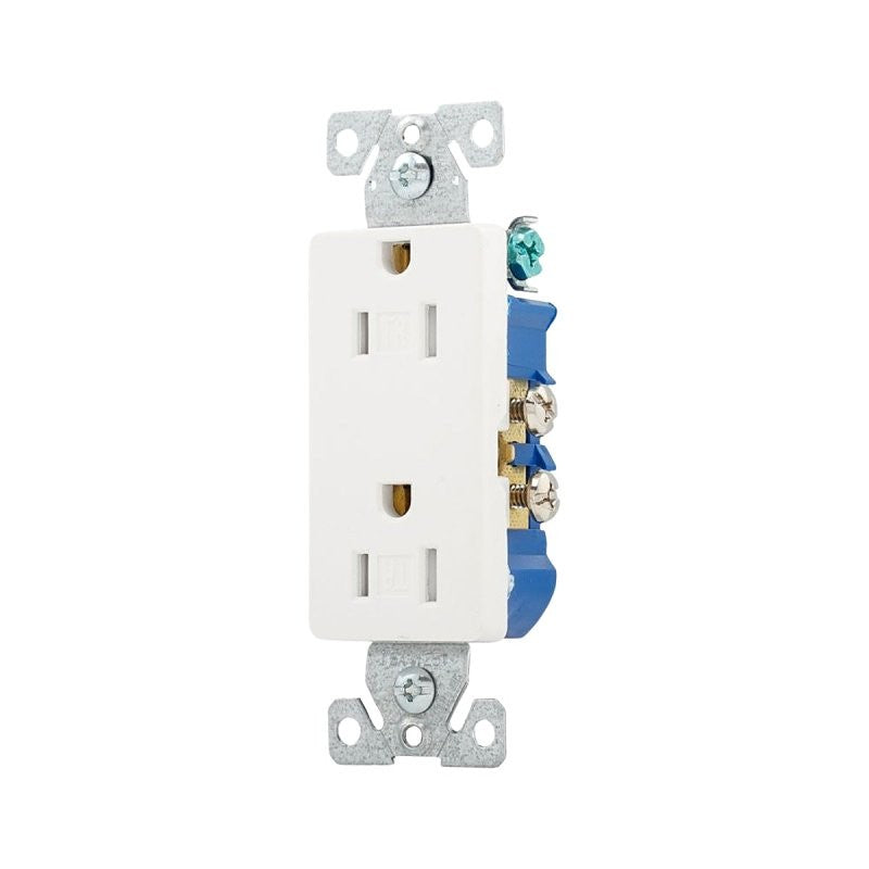 Eaton TR1107W-10-L Decorator Duplex Receptacle, 2-Pole, 15 A, 125 V, Side and Push Wiring, NEMA: NEMA 5-15R, White