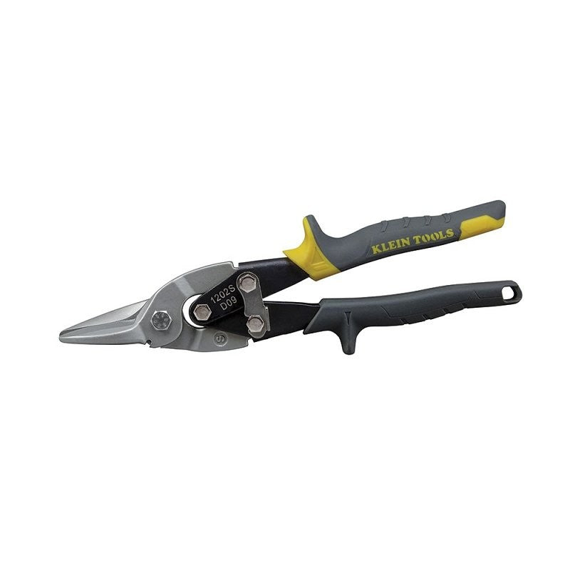 Klein Tools 1202S Aviation Snip, 10.063 in OAL, 1-1/2 in L Cut, Straight, Wide Curves Cut, Steel Blade, Yellow Handle