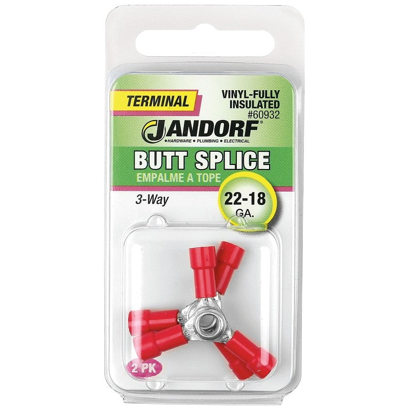 Jandorf 60932 Butt Splice Connector, 22 to 18 AWG Wire, Vinyl Insulation, Copper Contact, Tin, Red, 2/PK